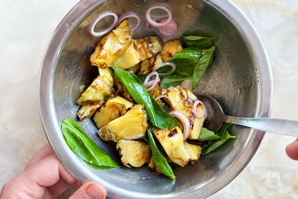 Jarred artichoke salad with almond tarator