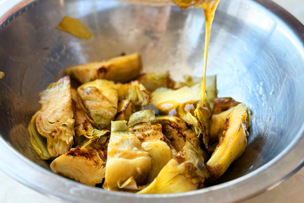 Jarred artichoke salad with almond tarator