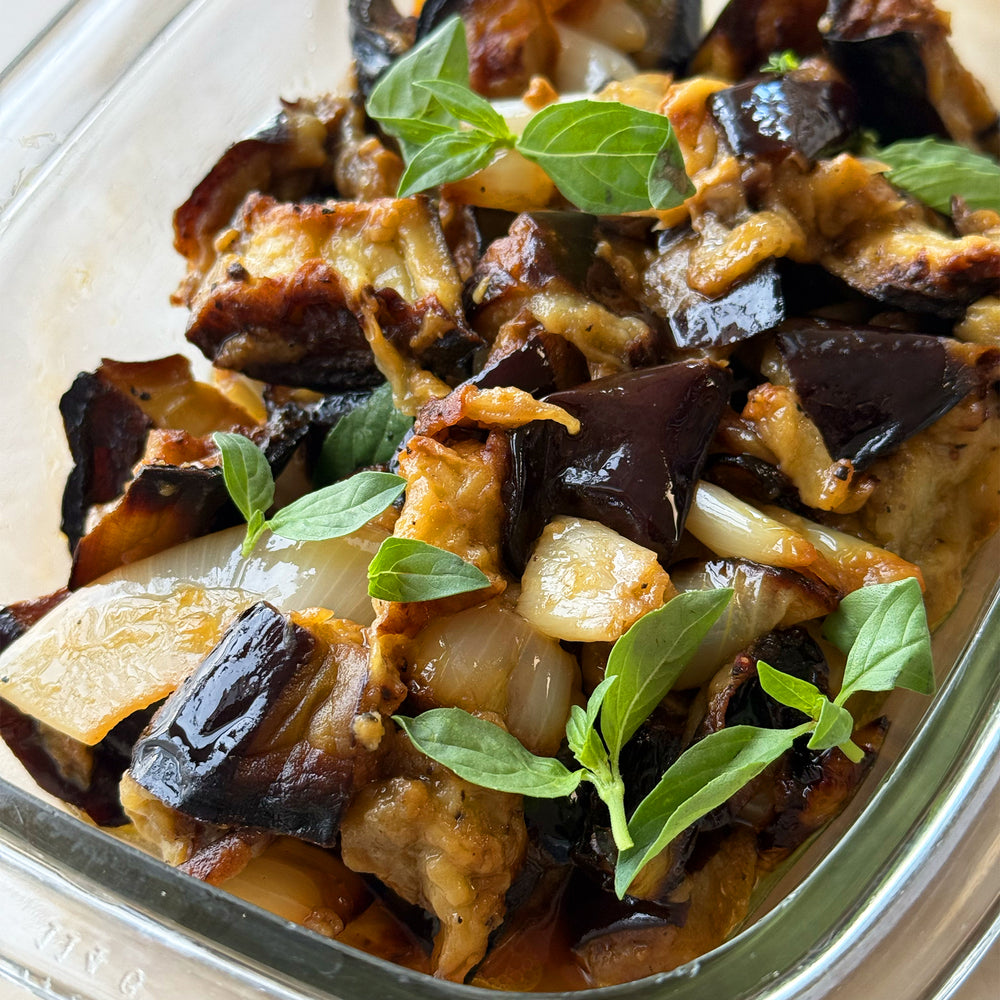 Roasted aubergine and onion salad
