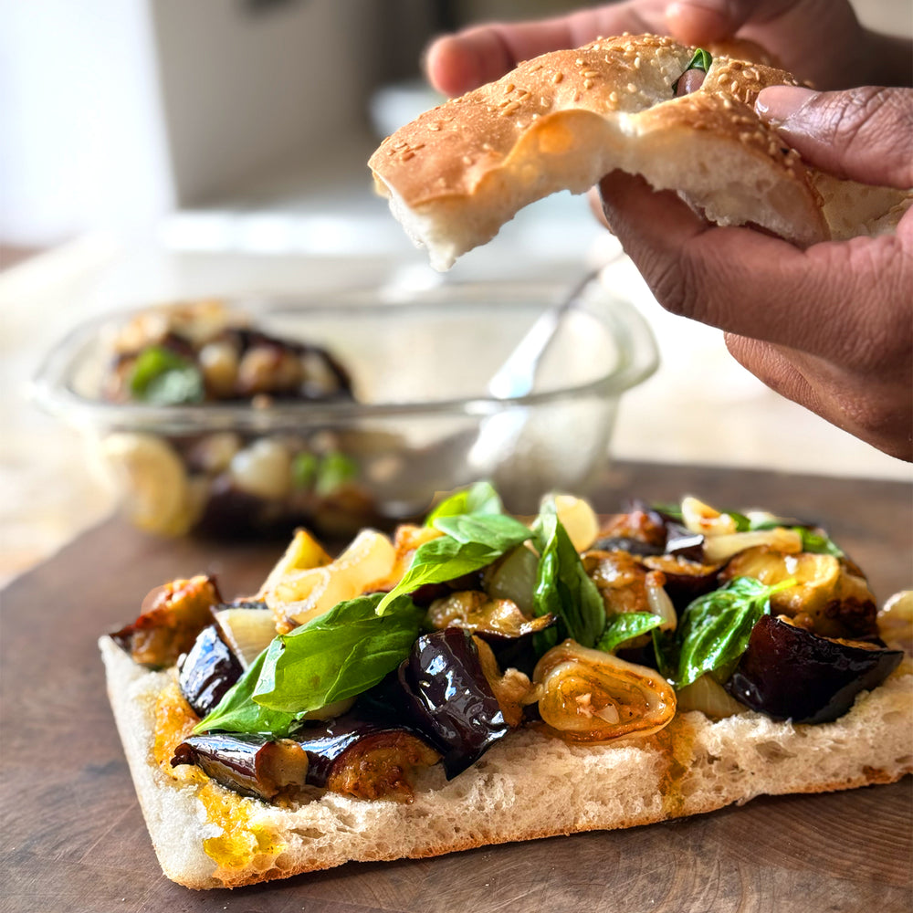 Roasted aubergine and onion salad