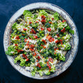 Baby gem lettuce with burnt aubergine yoghurt, smacked cucumber and shatta