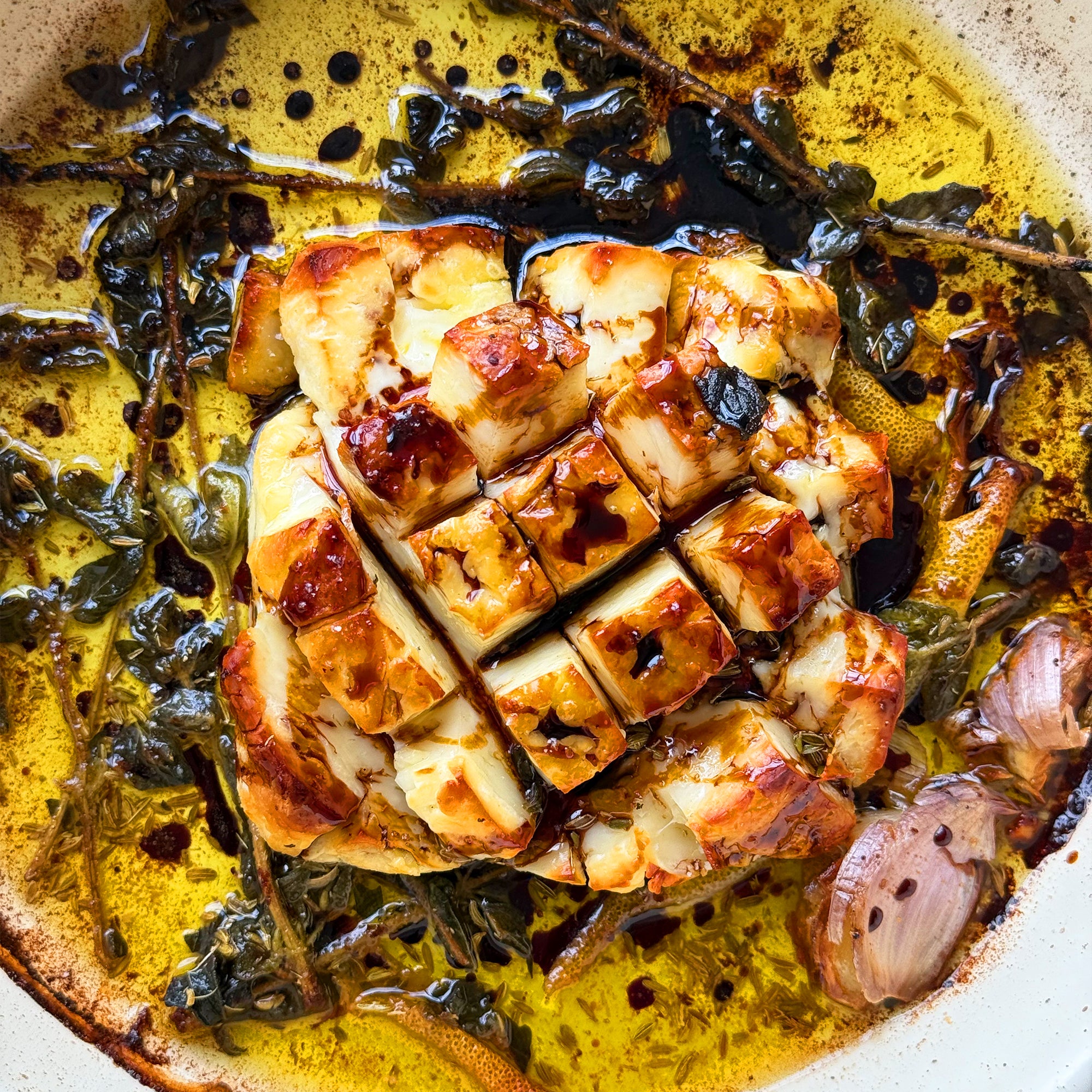 Baked halloumi with fennel and carob syrup 