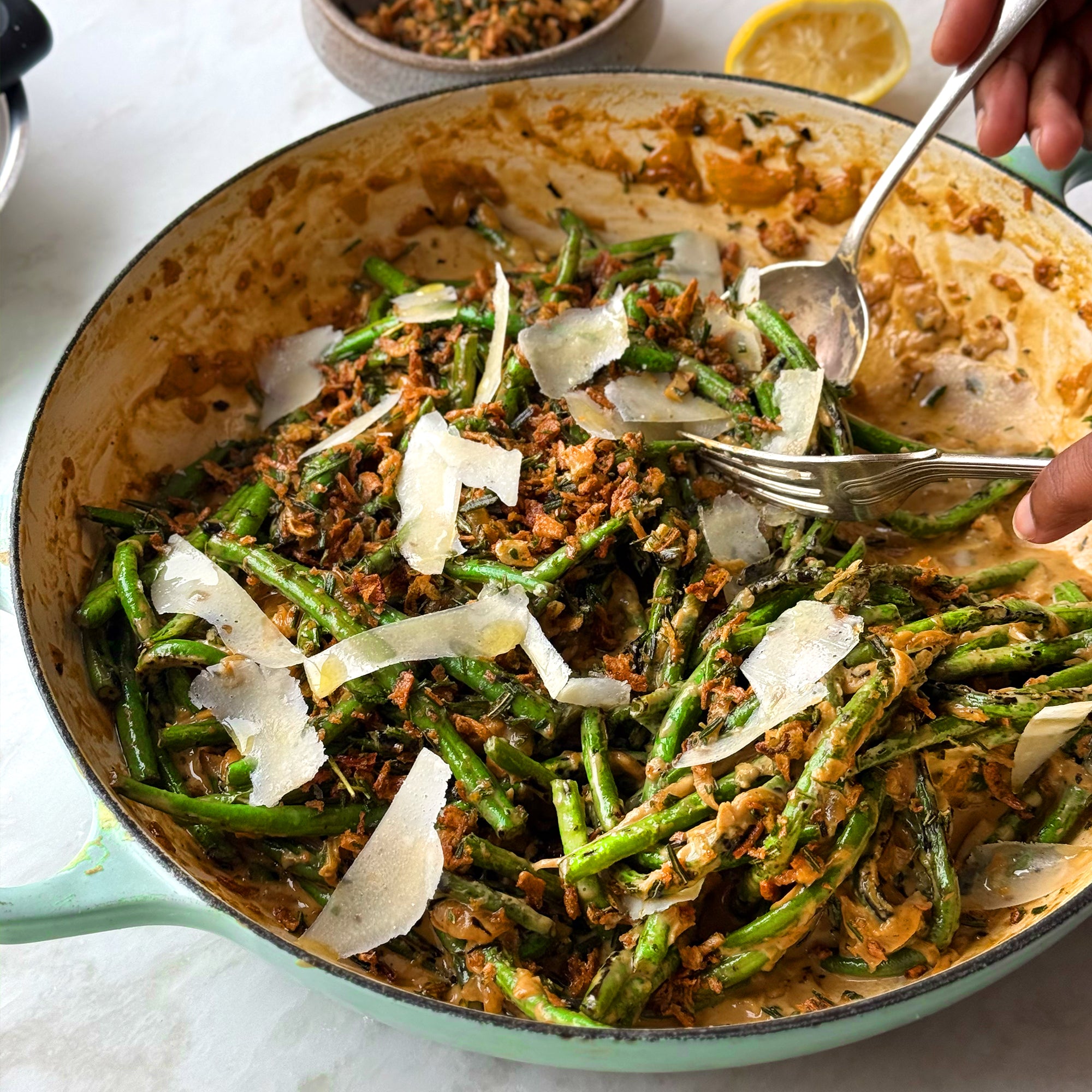 Blistered green bean casserole with parmesan and rosemary