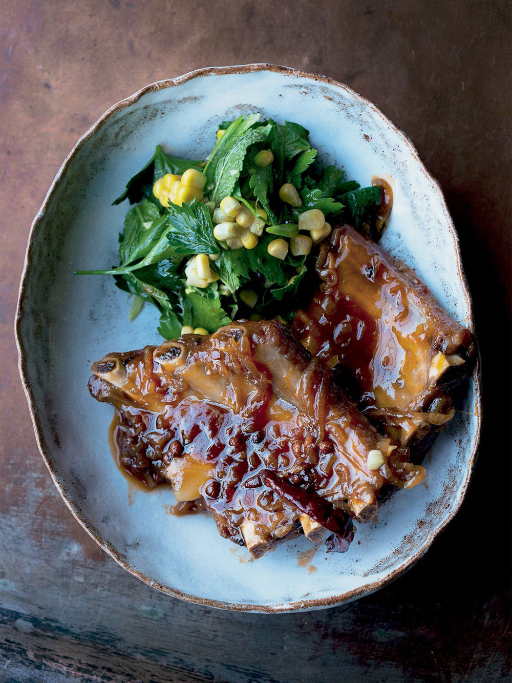Bourbon-glazed spare ribs with smoked corn salad