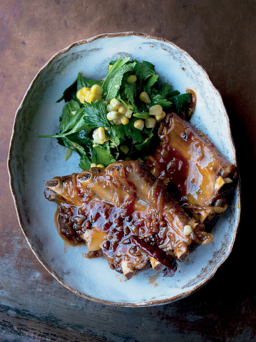 Bourbon-glazed spare ribs with smoked corn salad