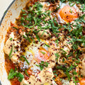 Braised eggs with beef, smoked aubergine and tomato