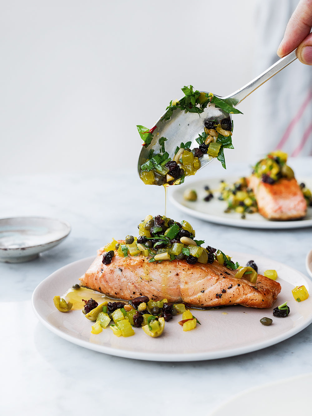 Bridget Jones's pan-fried salmon with pine nut salsa 