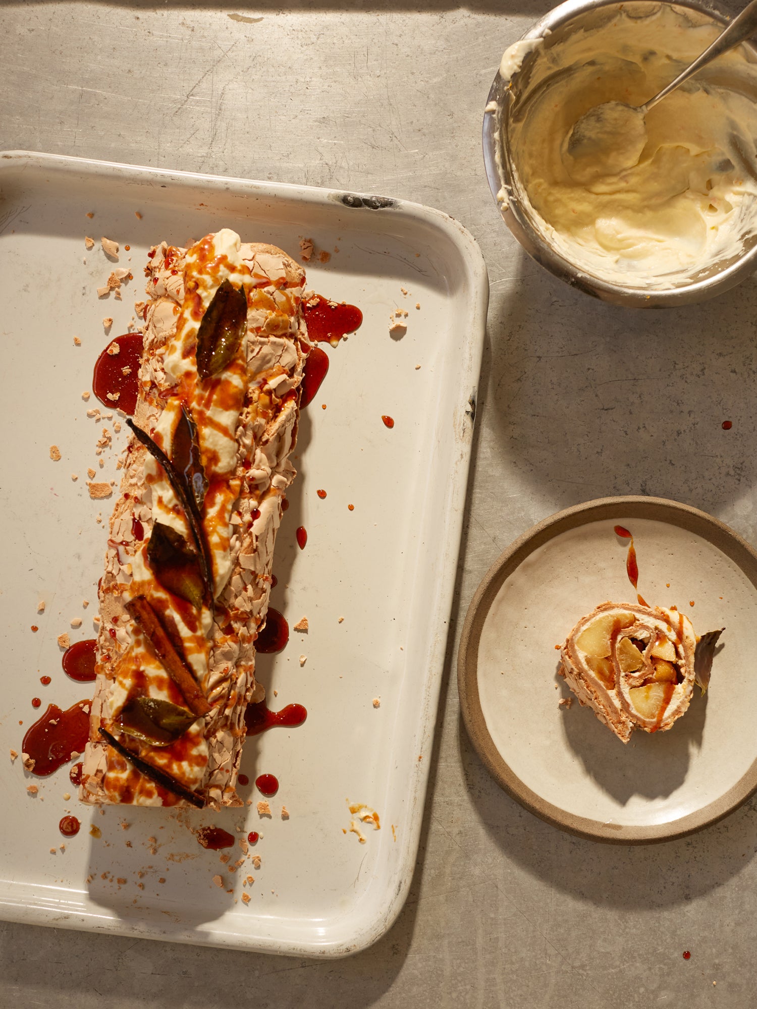 Brown sugar meringue roulade with burnt honey apples