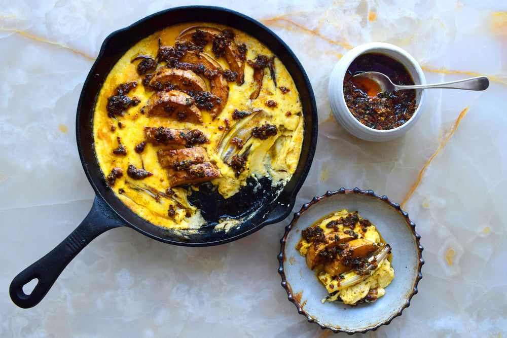 Butternut squash in cheesy custard with orange rayu