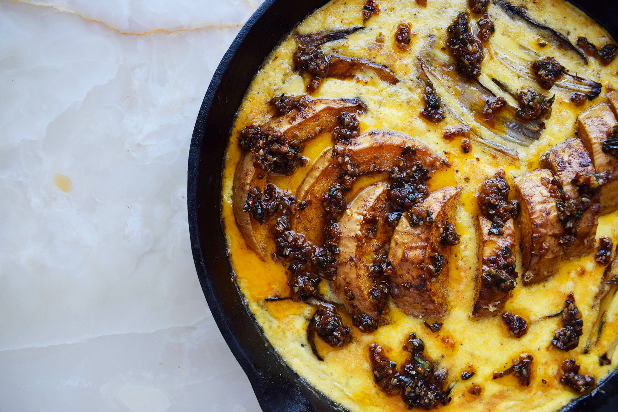 Butternut squash in cheesy custard with orange rayu