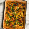 Chicken, date, orange and split pea tray bake