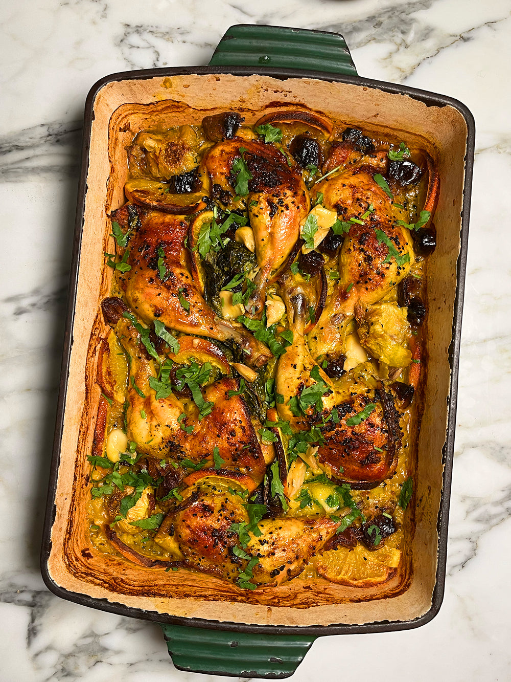 Chicken, date, orange and split pea tray bake