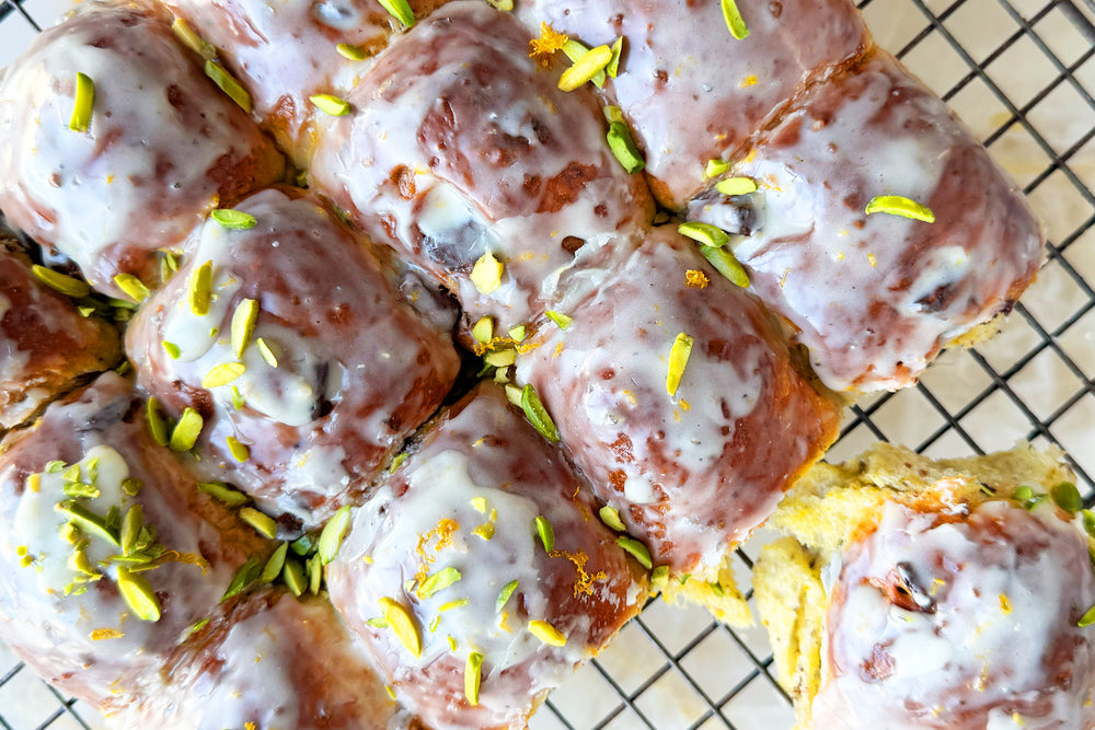Chocolate, orange and pistachio buns