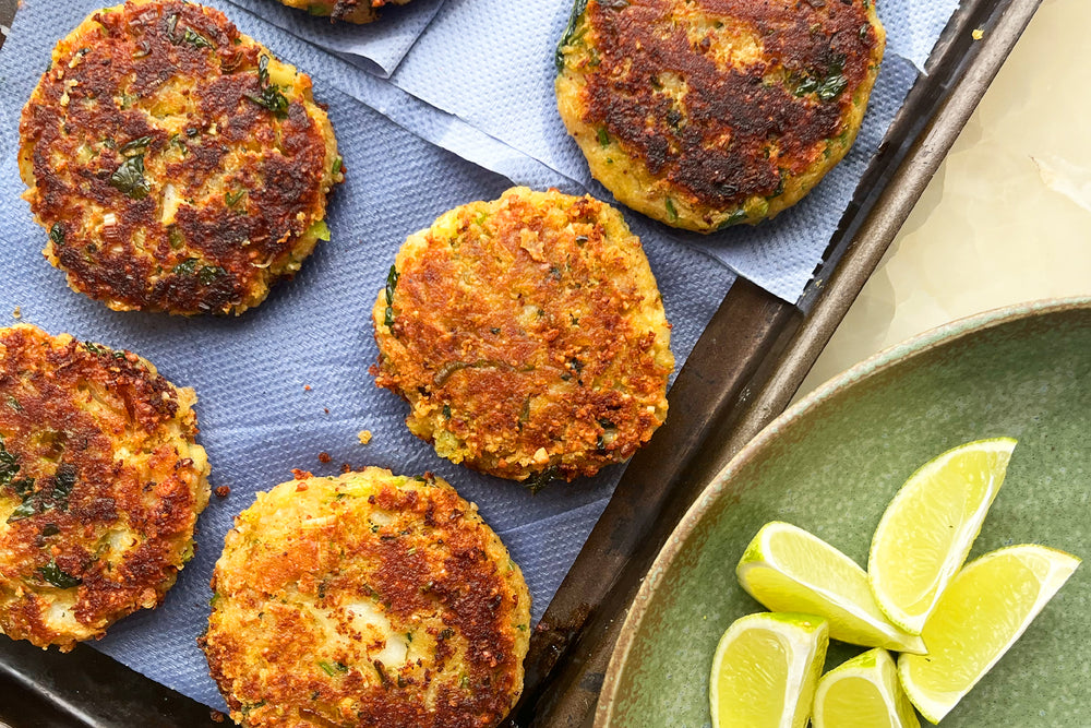 Chorizo, banana and prawn cakes with harissa yoghurt
