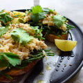 Crab on toast with lime, cumin and samphire