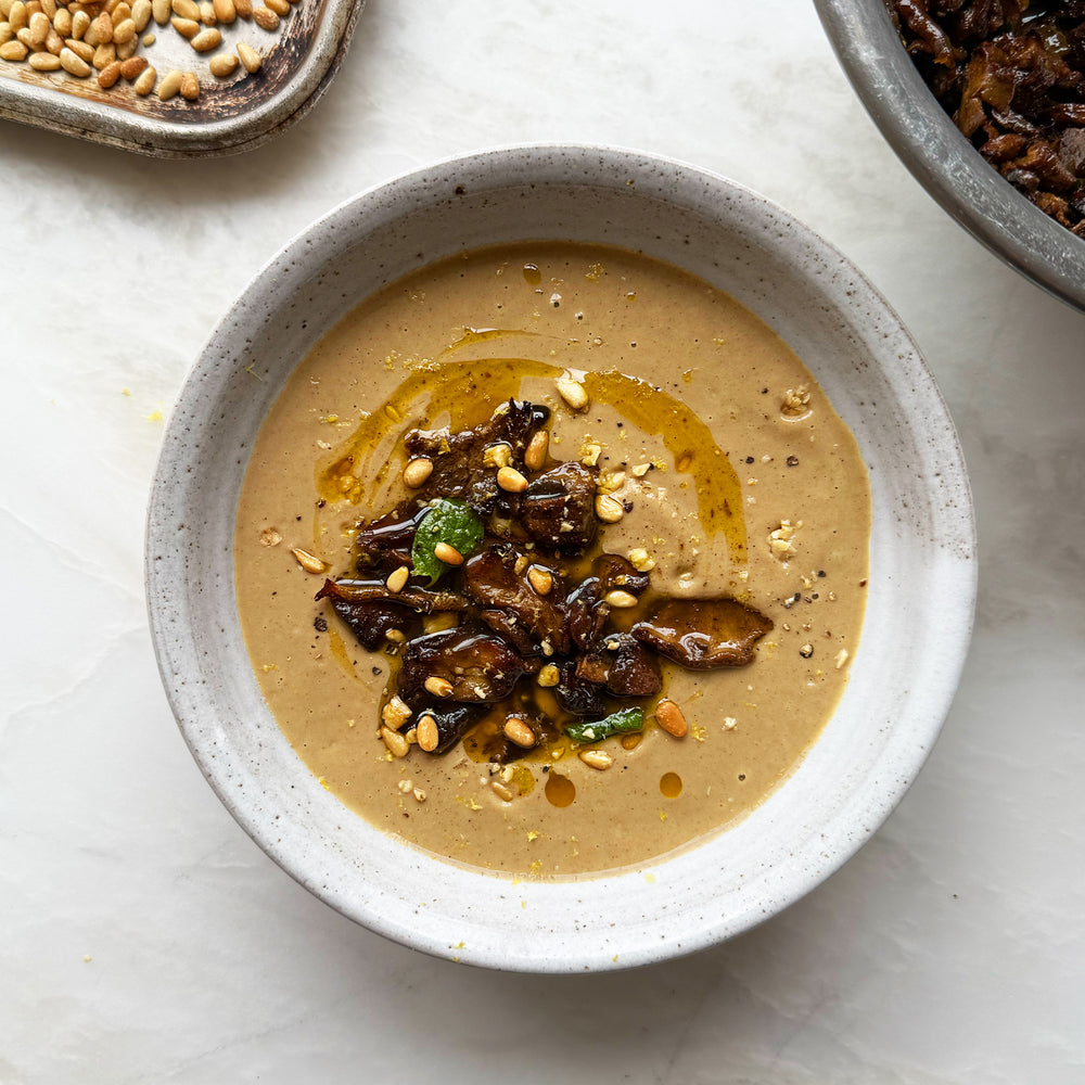 Creamy mushroom soup with sticky ras el hanout mushrooms