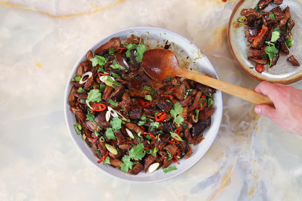 Crispy cumin lamb with aubergine and ginger
