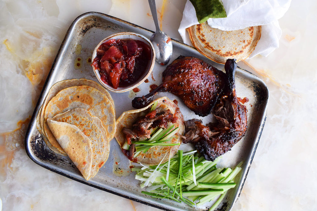 Crispy duck with rye pancakes
