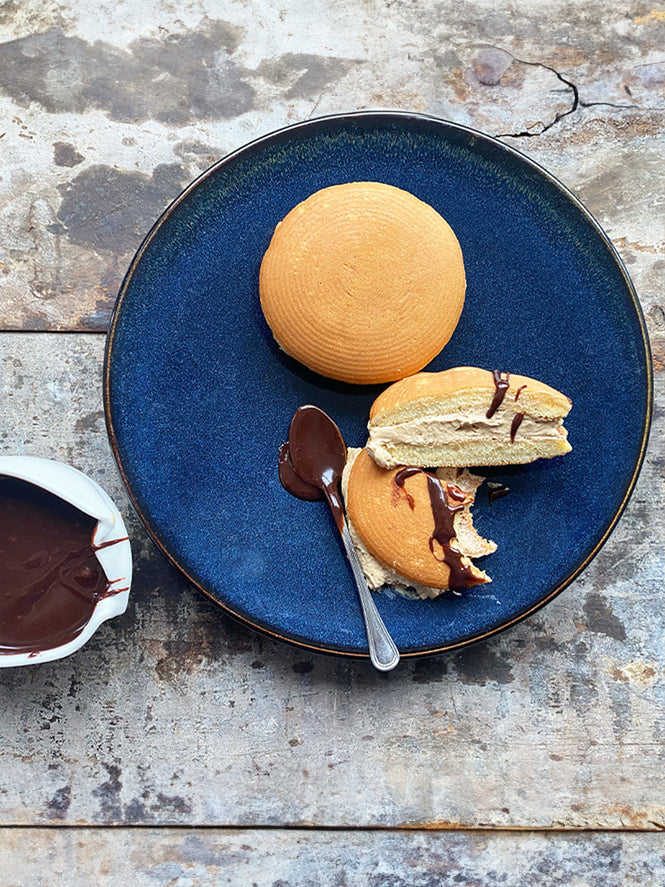 Dorayaki with coffee cream and tahini chocolate sauce