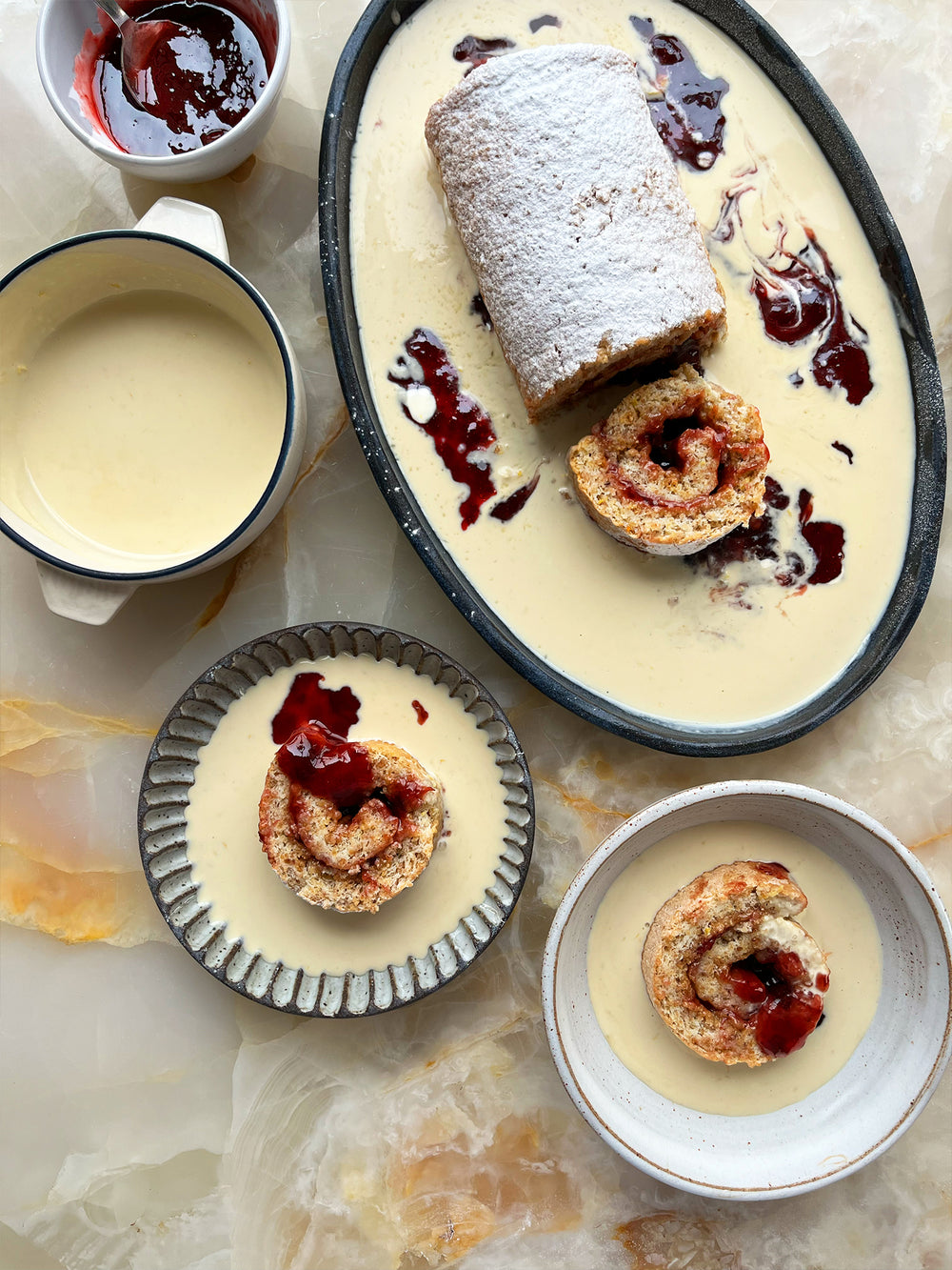 Hazelnut roly-poly with lemon custard