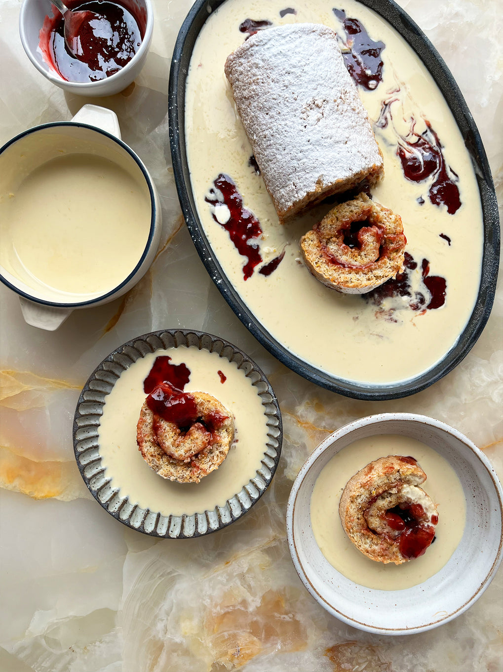 Hazelnut roly-poly with lemon custard