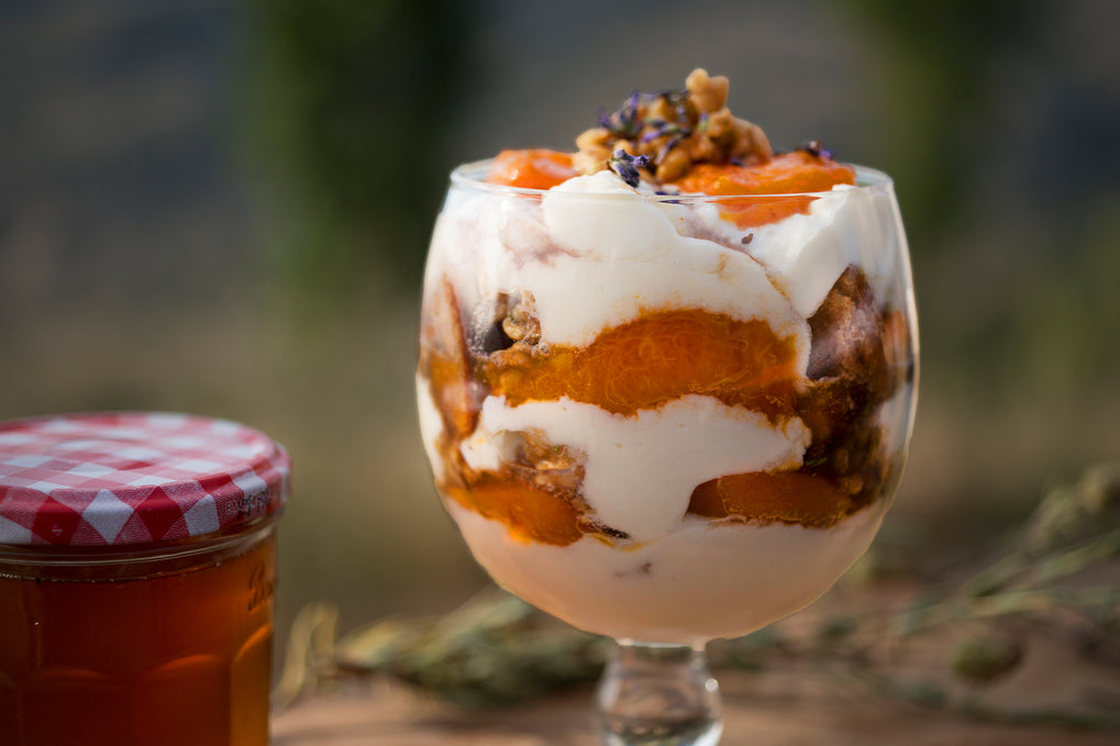 Honey and apricot trifle with walnut and lavender