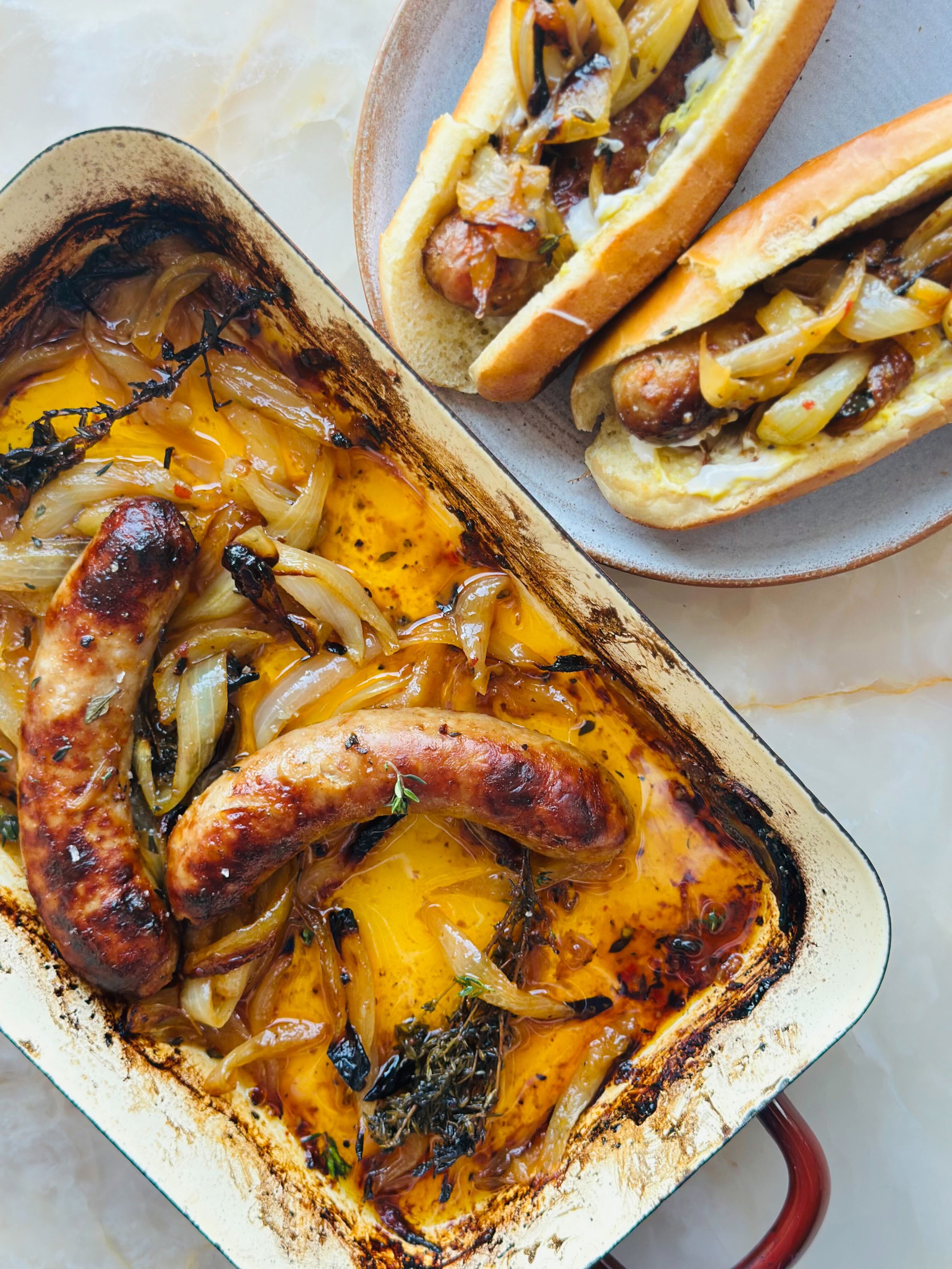 Orange glazed sausages and onions