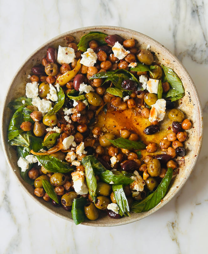 Pomegranate harissa olives and chickpeas with feta