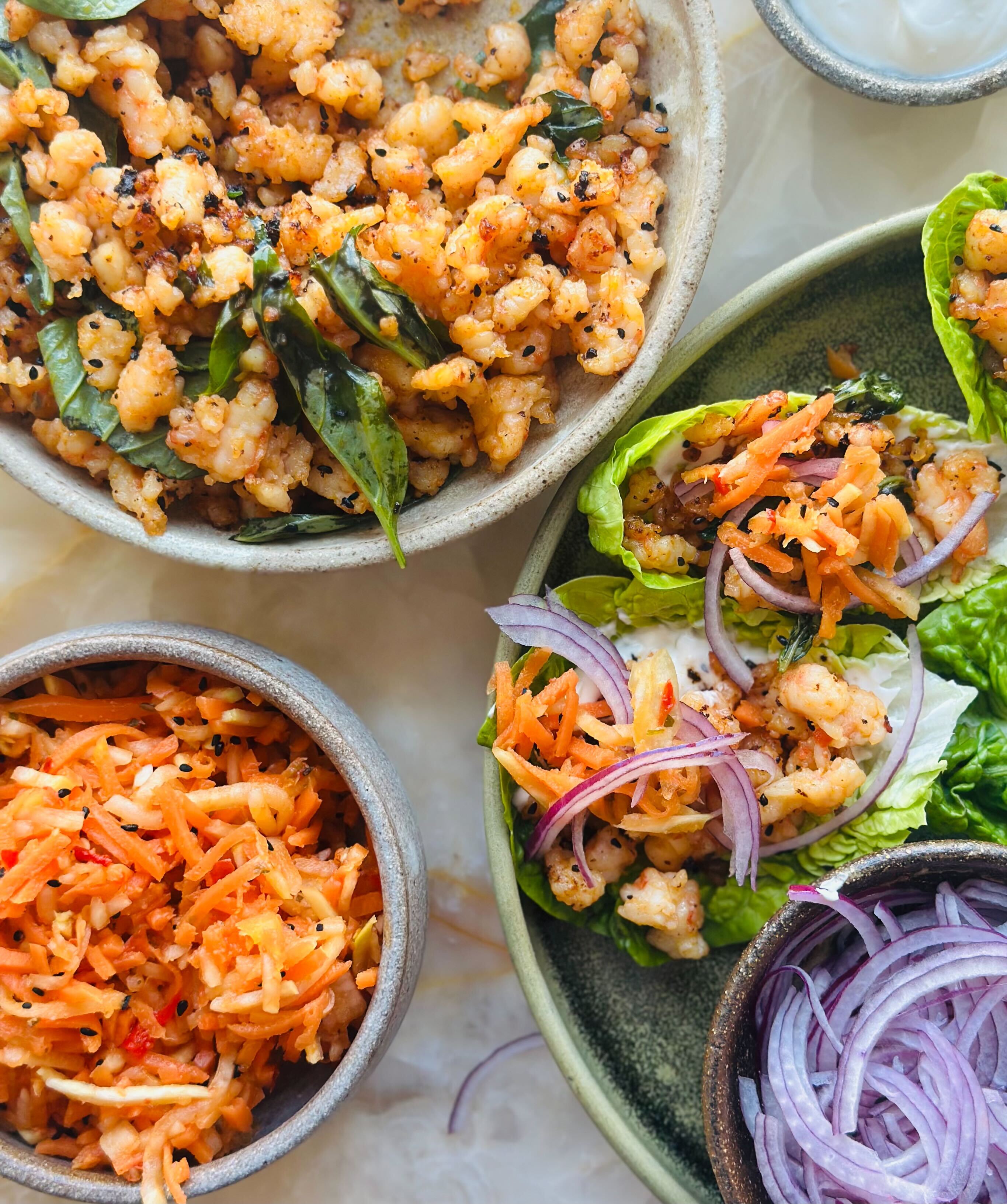 Sweet and spicy prawn lettuce cups with pickled carrot and kohlrabi