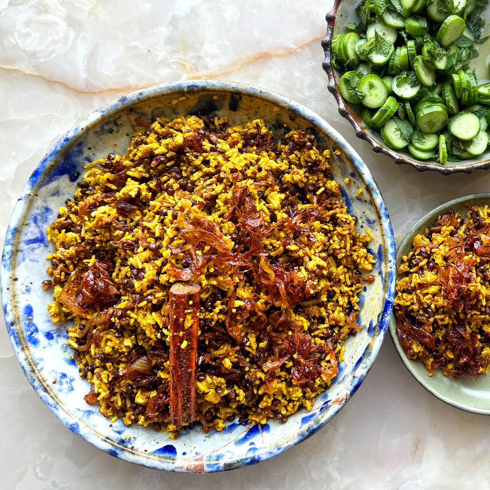Kejadara with cucumber and mint salad
