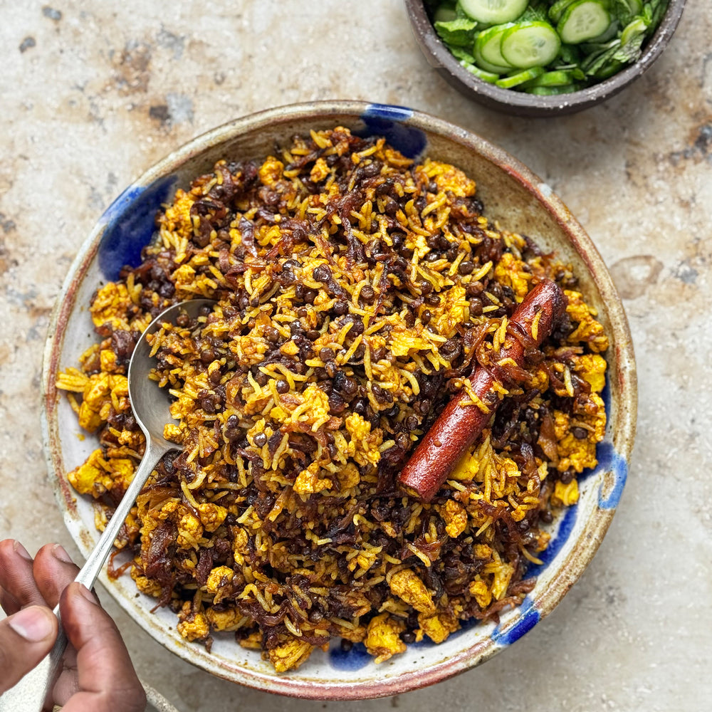 Kejadara with cucumber and mint salad