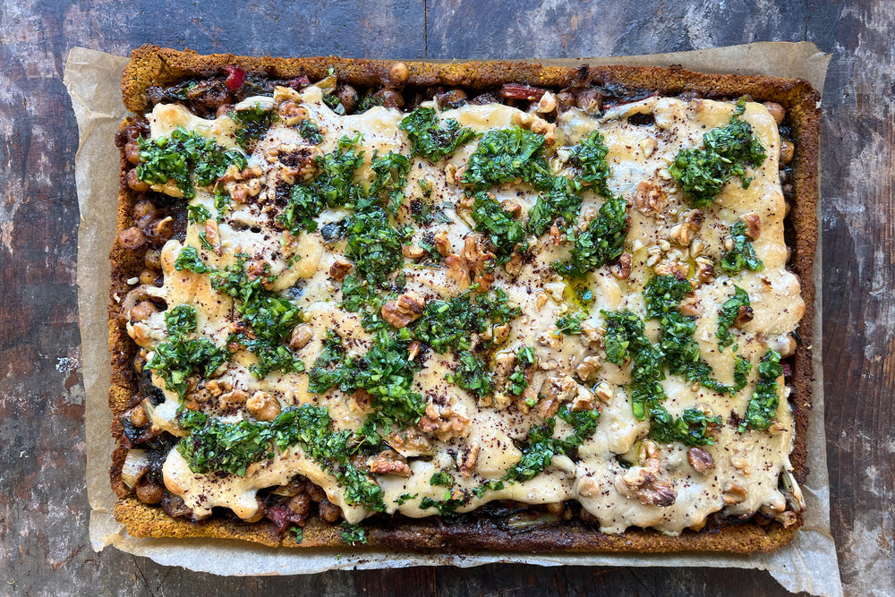 Open-faced pumpkin kibbeh with lemony swiss chard