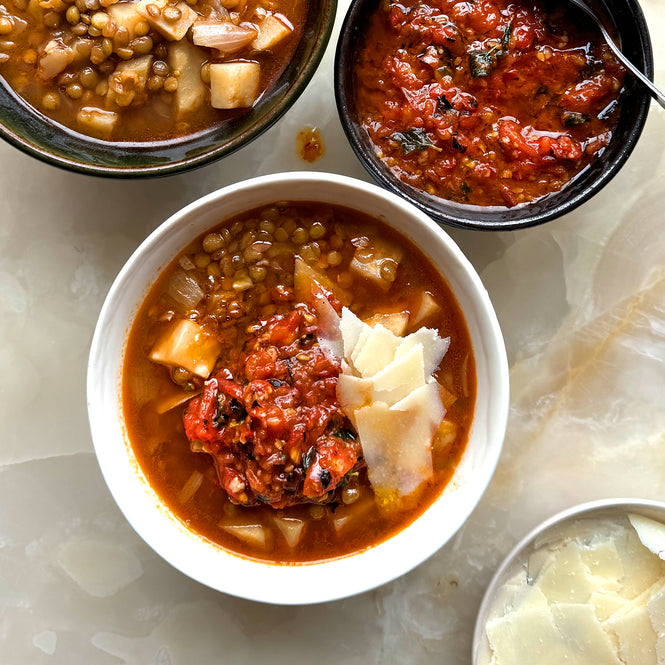 Lentil, fennel and parmesan “stoup” with charred tomato salsa   