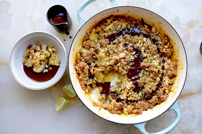 Pear and macadamia crumble with chocolate sauce