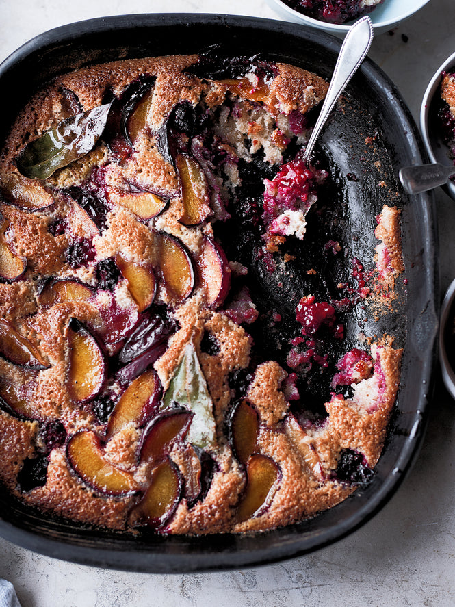 Plum, blackberry and bay friand bake