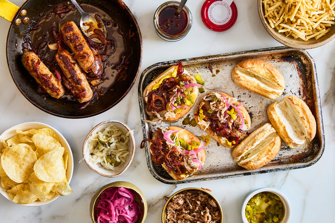 Pomegranate and lemon harissa sticky sausages