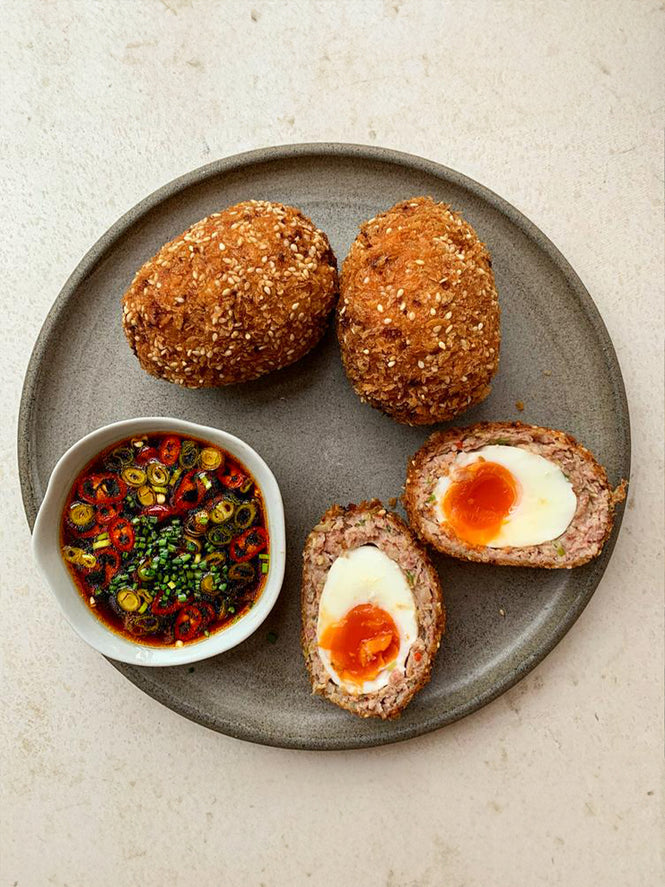 Pork and prawn scotch eggs