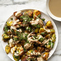 Roast potatoes with green sauce and tahini