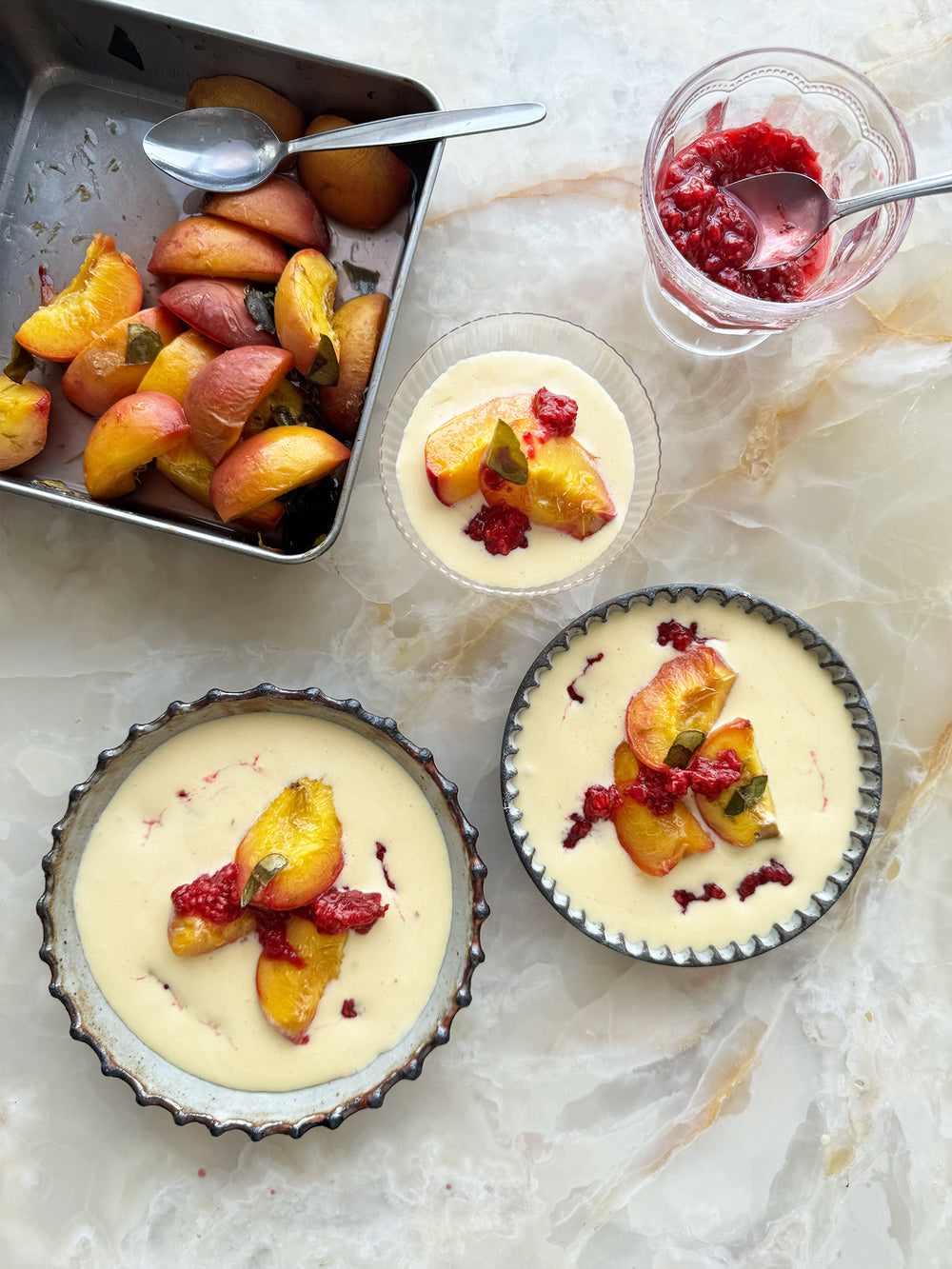 Roast peaches with makrut lime leaves, sabayon and raspberries