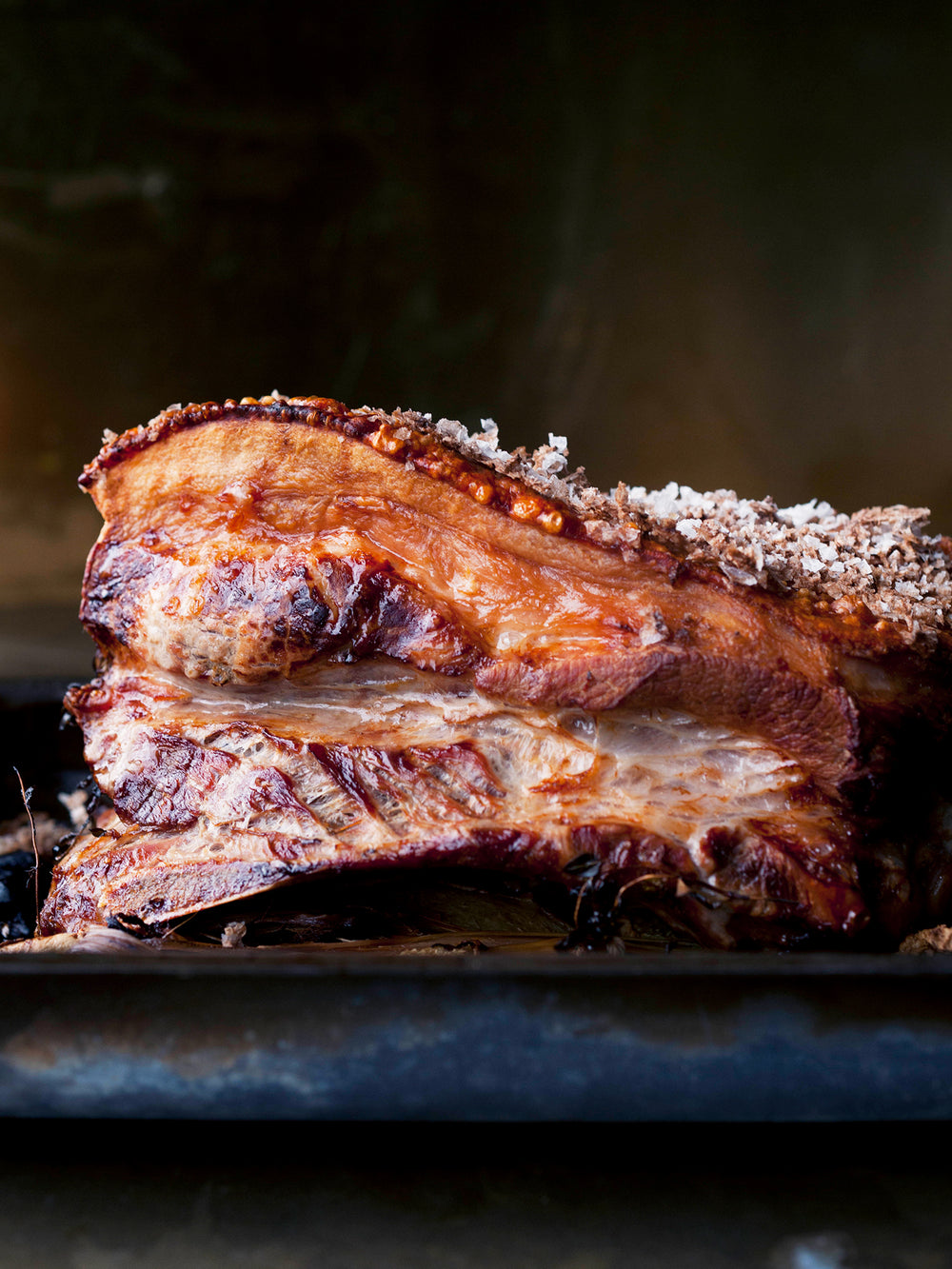 Roasted pork belly with butternut squash and apple and walnut salsa