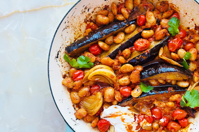 Roasted aubergines and butter beans in chilli pesto