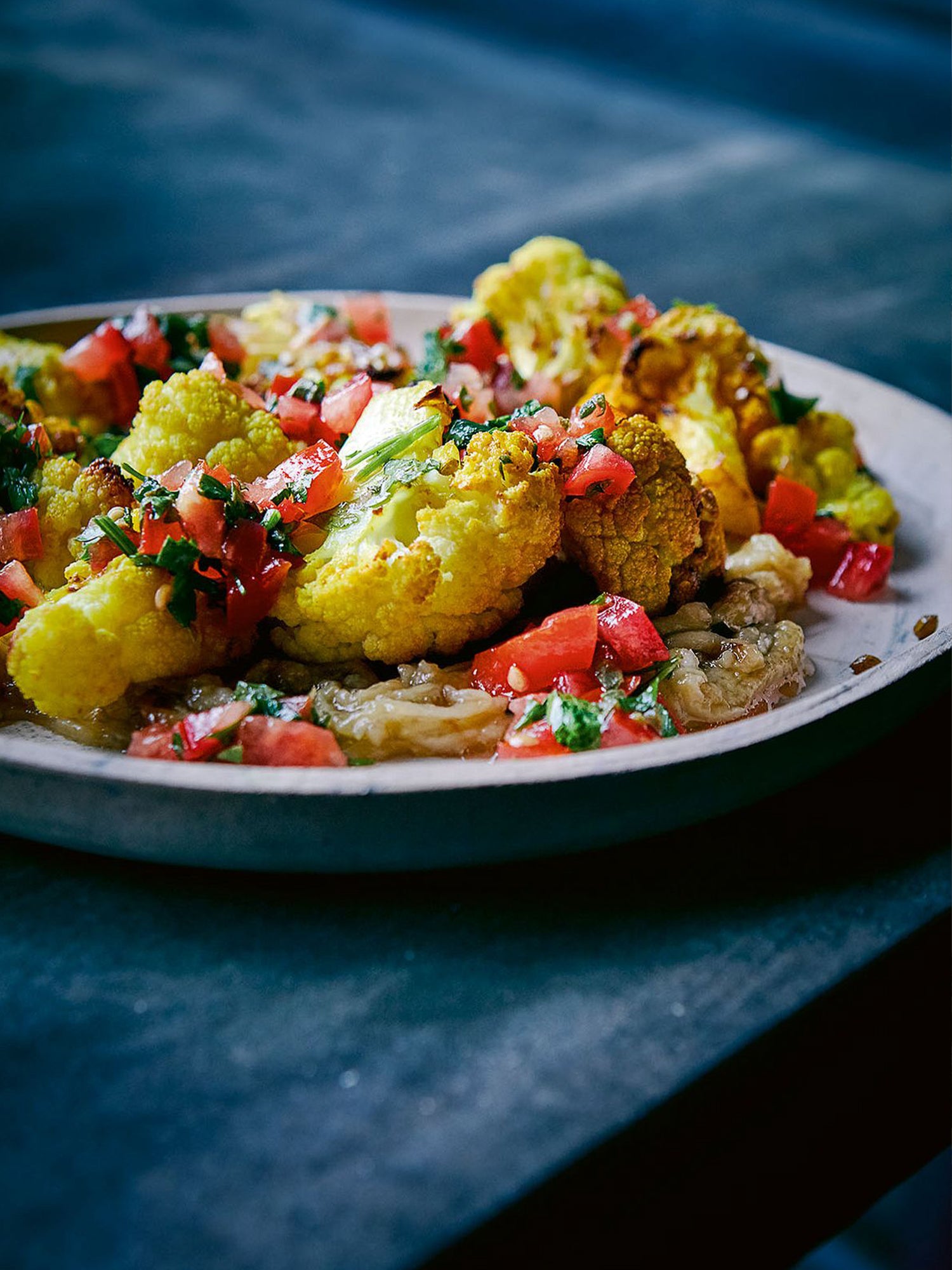 Roasted cauliflower and burnt aubergine with tomato salsa