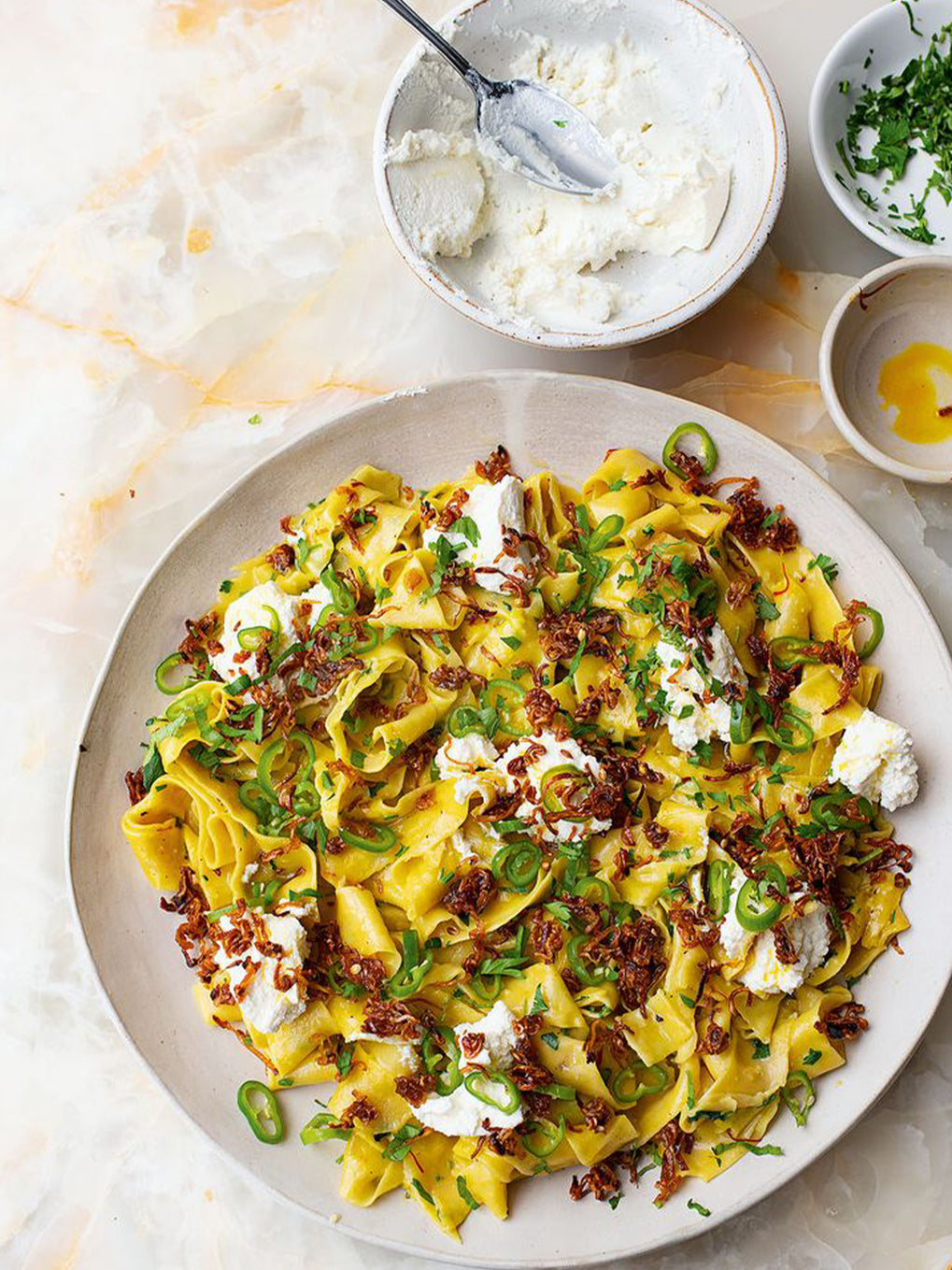 Saffron pasta with chipotle shallots and pickled chillies