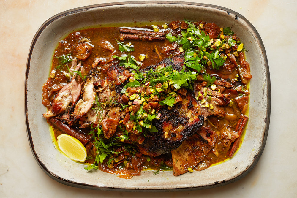 Slow-cooked lamb shoulder with fig and pistachio salsa