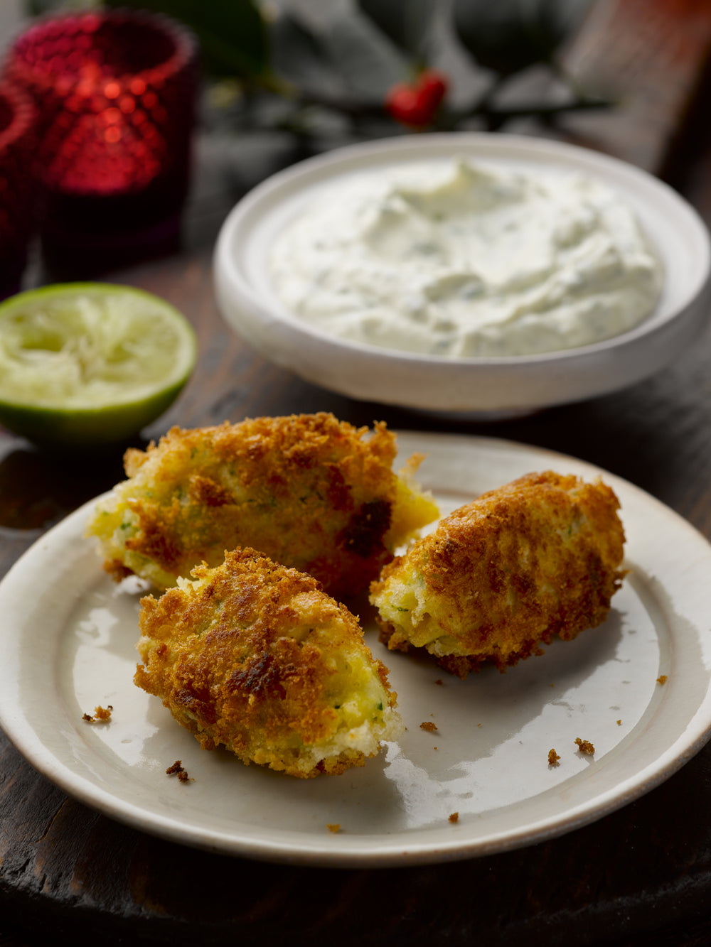 Smoked haddock brandade cakes with lime yogurt