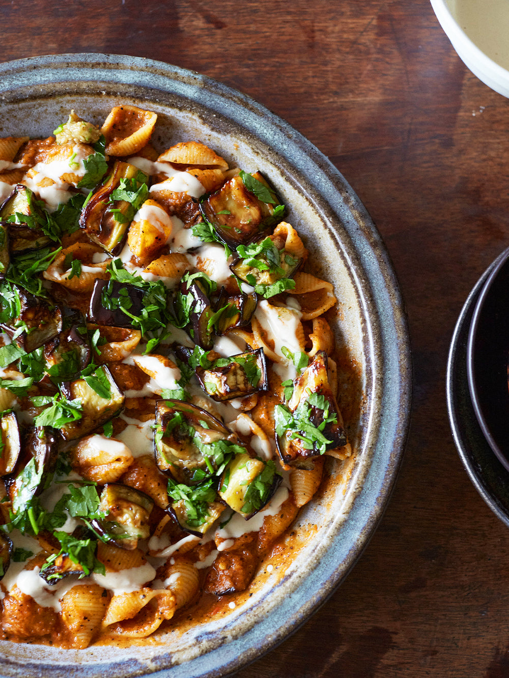 Smoky, creamy pasta with burnt aubergine and tahini