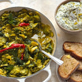 Soft saffron courgettes with tzatziki