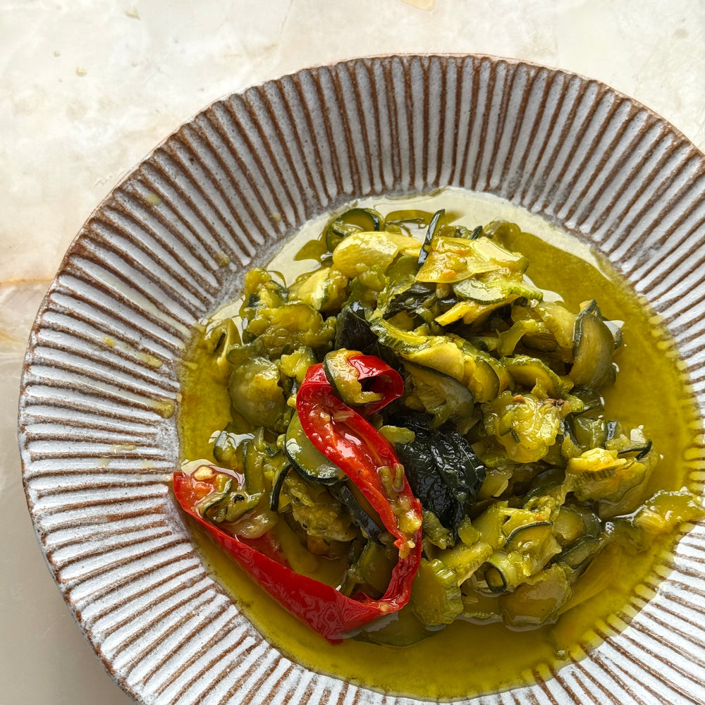 Soft saffron courgettes with tzatziki