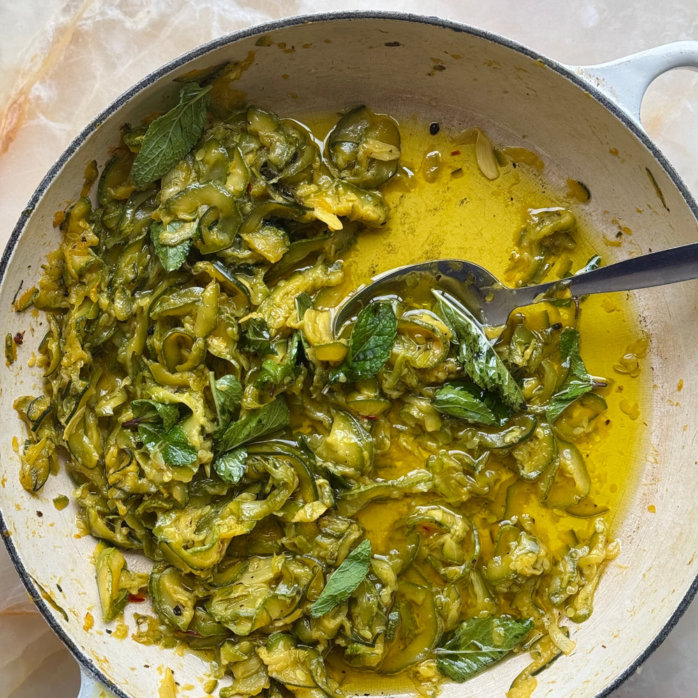 Soft saffron courgettes with tzatziki