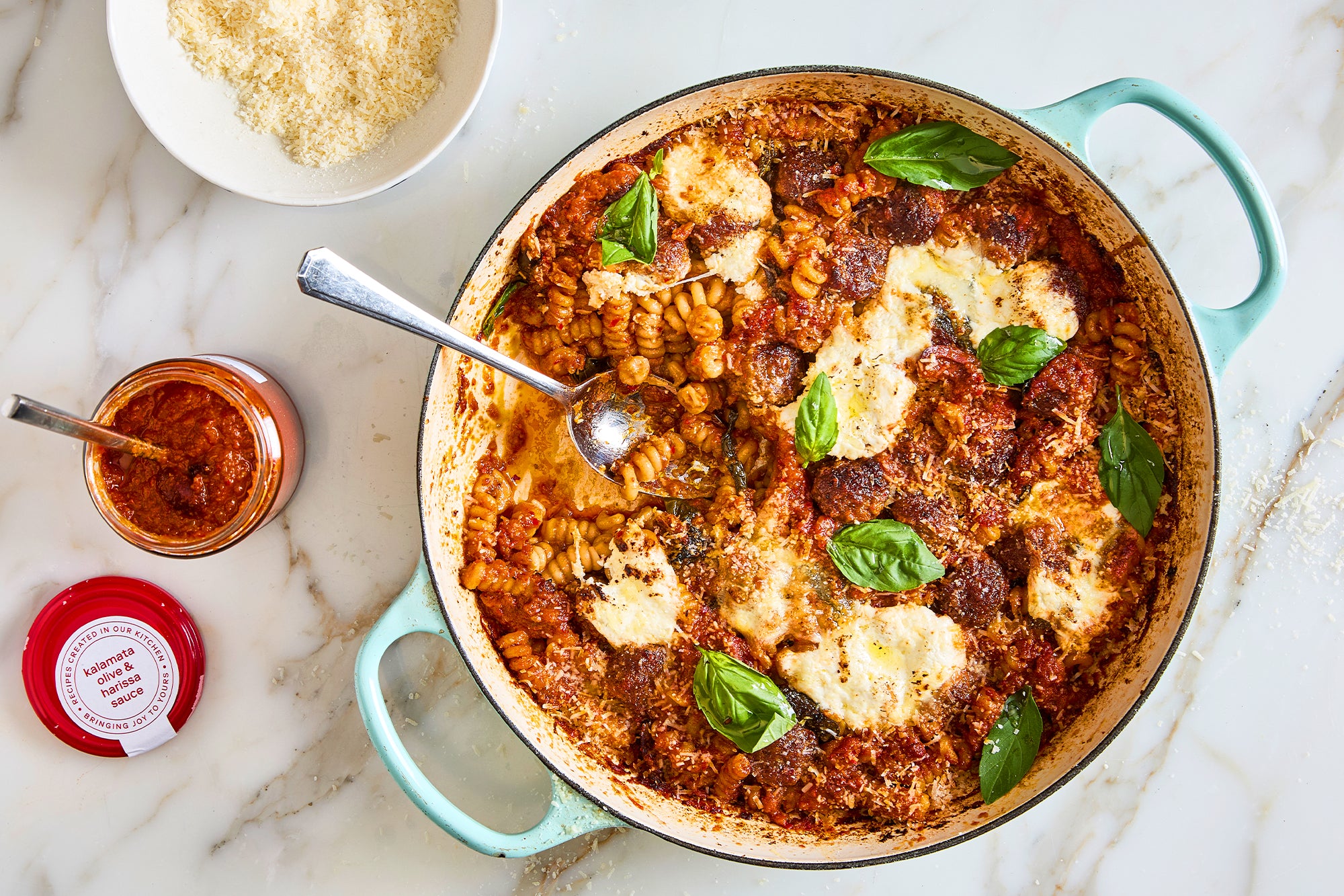 Spicy meatball and bucatini pasta bake